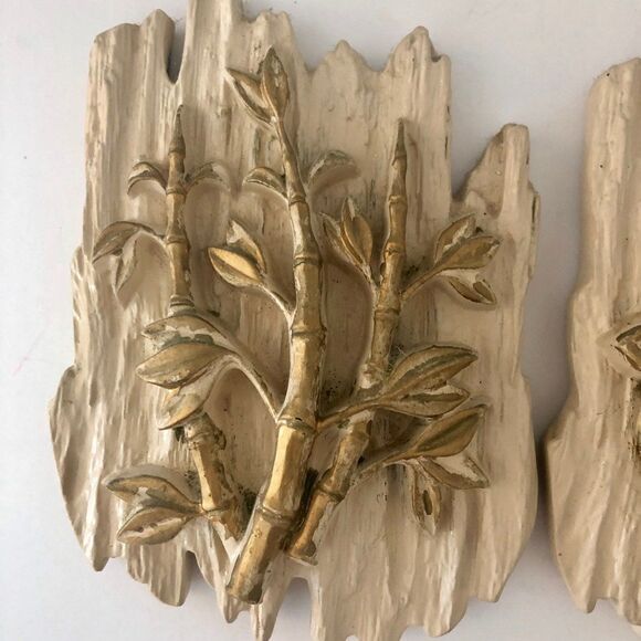 2 Floral Chalkware 3-D Wall Hangings MCM Hand Painted Gold Mid-Century Decor - Picture 6 of 10